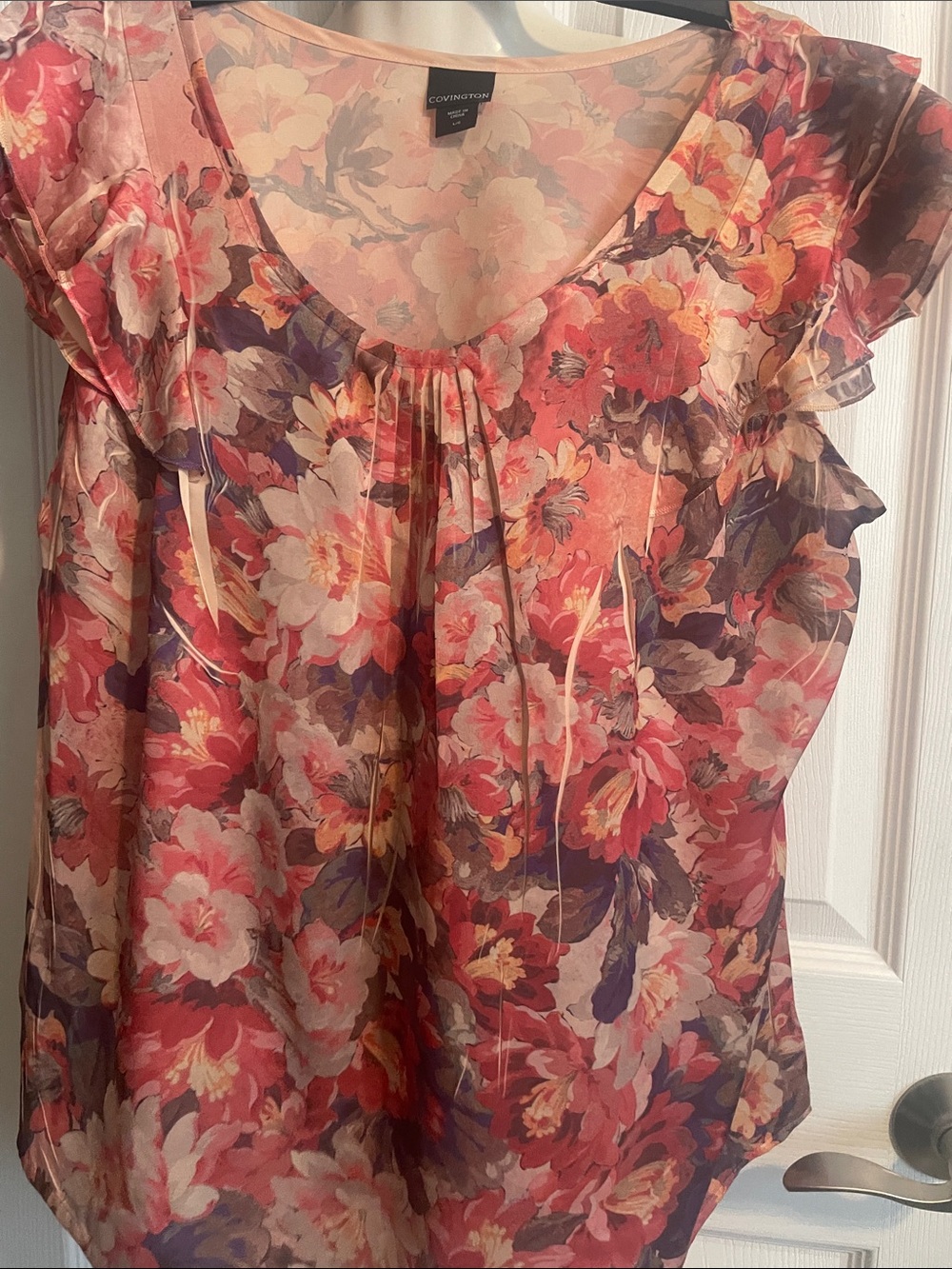 Covington Coral and Purple Floral Ruffle-Sleeve Blouse